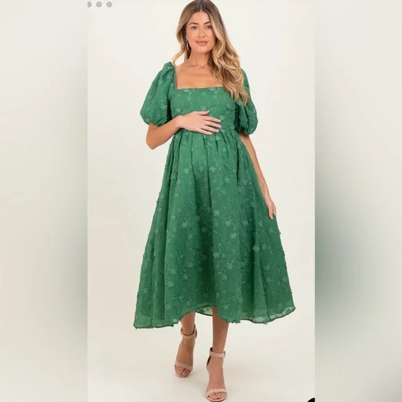 PinkBlush Green Embroidered Floral Puff Sleeve Maternity Midi Dress - Picture 1 of 2